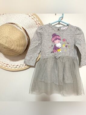 Gray Kids Casual Dress with Graphic Print